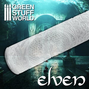 May include: White rolling pin with an intricate, embossed design. The design features a repeating pattern of arches and swirls. The rolling pin is lying on a stone path in front of a fantasy-themed background.