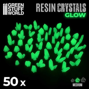 May include: 50 glow-in-the-dark green resin crystals in a medium size.  RESIN CRYSTALS GLOW.