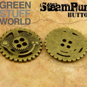 May include: Two steampunk-style buttons, one with a gear design and the other with a buttonhole design. Both buttons are made of brass and have a distressed finish.