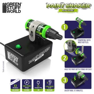 Pode incluir: Uma m&aacute;quina de agitar tinta preta com um bot&atilde;o de energia verde e um frasco de tinta verde e preto anexado. A m&aacute;quina tem o texto "PAINT SHAKER MACHINE" e "GREEN STUFF WORLD". Inclui acess&oacute;rios e &eacute; compat&iacute;vel com a maioria dos frascos.