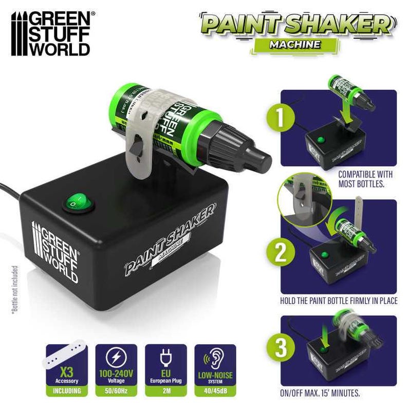 Pode incluir: Uma m&aacute;quina de agitar tinta preta com um bot&atilde;o de energia verde e um frasco de tinta verde e preto anexado. A m&aacute;quina tem o texto "PAINT SHAKER MACHINE" e "GREEN STUFF WORLD". Inclui acess&oacute;rios e &eacute; compat&iacute;vel com a maioria dos frascos.