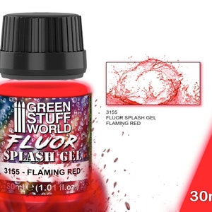 Peut inclure: Un flacon de 30 ml de gel fluorescent Splash de Green Stuff World, de couleur rouge flamboyant. Le flacon est transparent et laisse voir le gel rouge vif à l'intérieur. L'étiquette porte le logo de Green Stuff World et le nom du produit. L'image montre également un éclaboussement de gel rouge.