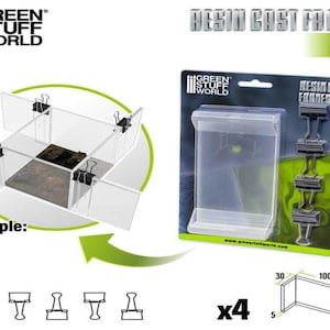 May include: Four clear plastic frames for resin casting, each with a clip. The frames are 5 inches by 3 inches by 10 inches. The image shows an example of how to use the frames to create a resin cast.