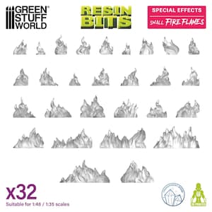 May include: A collection of 32 translucent resin fire flames in various sizes. The product is suitable for 1:48 and 1:35 scale models. The text "RESIN BITS" and "SMALL FIRE FLAMES" are visible.
