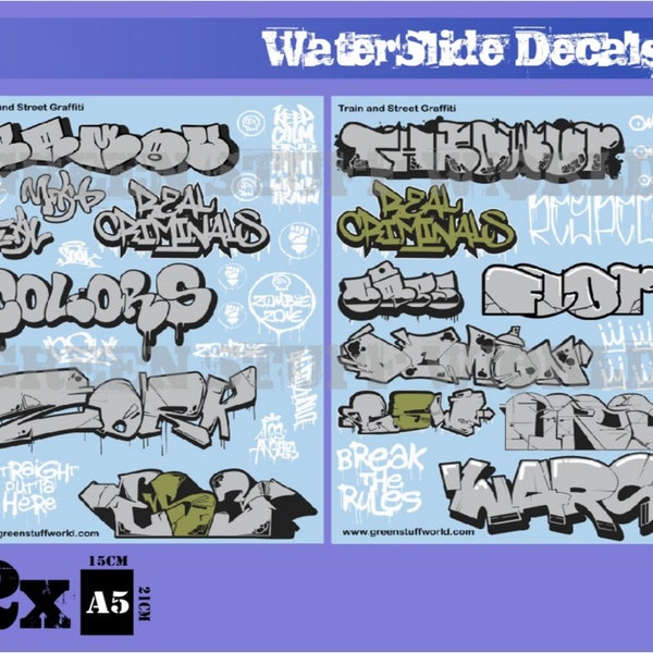 Waterslide Decals - Train and Graffiti Mix - Silver and Gold - Water slide decals compatible with wargames, dioramas, Warhammer miniatures