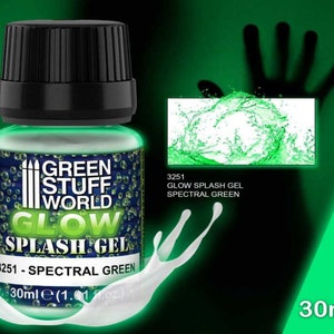 May include: A 30 ml bottle of Green Stuff World Glow Splash Gel in Spectral Green. The bottle is clear and shows the green gel inside. The label has the Green Stuff World logo and the text "Glow Splash Gel" and "3251 - Spectral Green".