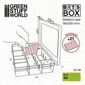 May include: A clear plastic storage box with a lid, labeled "BITS BOX" and "Medium size 195x130 mm.". The box has 8 rows of 3 compartments, with 21 dividers included. The box is 19.5 cm by 13 cm.