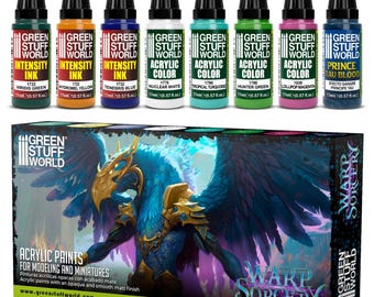 May include: A set of eight 17ml paint bottles labeled Green Stuff World, including Intensity Inks and Acrylic Colors in various hues. Below, a rectangular box displays the text Warp Sorcery and Acrylic Paints for Modeling and Miniatures.