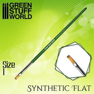 Könnte beinhalten: Green Stuff World Synthetischer Flachpinsel, Größe 1, mit grünem Griff und einem synthetischen Borstenpinselkopf. Der Pinsel befindet sich auf einem grün-weißen Hintergrund mit dem Green Stuff World Logo.
