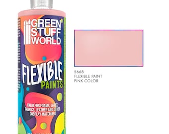 May include: A pink bottle of Green Stuff World Flexible Paints, 8.11 fl oz, with a clear cap. The label features the text "FLEXIBLE PAINTS" and "VALID FOR FOAMS, LATEX, FABRICS, LEATHER AND OTHER COSPLAY MATERIALS". A pink color swatch is shown.