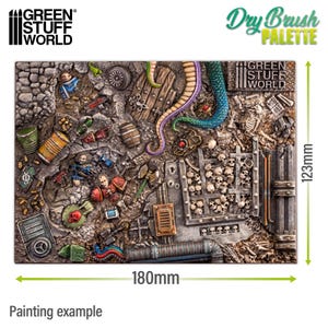 May include: A detailed miniature diorama, 180mm x 123mm, featuring a fantasy scene with skulls, skeletons, and various objects. The scene includes a tentacle, barrels, and figures, with the text "Dry Brush PALETTE" and "Painting example".