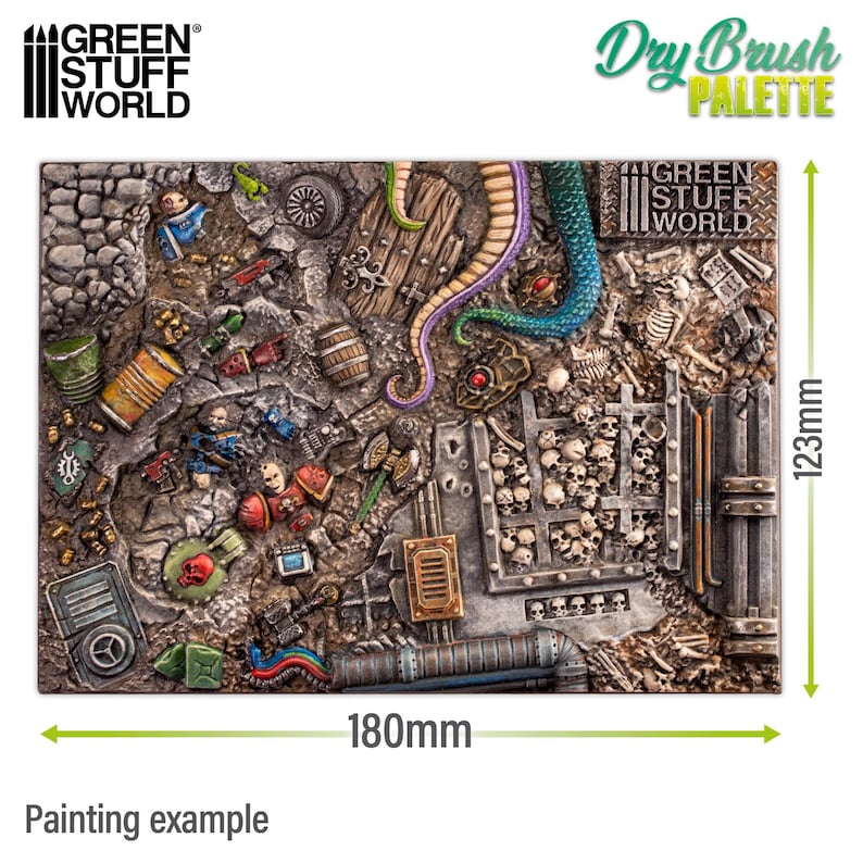 May include: A detailed miniature diorama, 180mm x 123mm, featuring a fantasy scene with skulls, skeletons, and various objects. The scene includes a tentacle, barrels, and figures, with the text "Dry Brush PALETTE" and "Painting example".