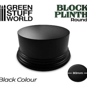 May include: Black round display plinth, 80mm in diameter, made by Green Stuff World.  Block Plinth Round.