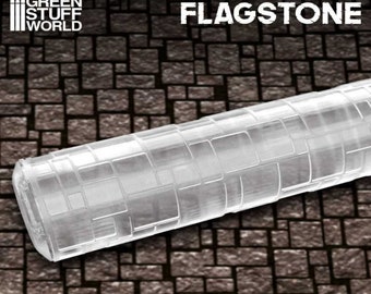 May include: A clear plastic rolling pin with a raised flagstone pattern. The rolling pin is designed to create a realistic flagstone texture on fondant or clay.
