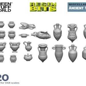 Op de afbeelding: Een set van 20 3D-geprinte hars antieke vazen in verschillende stijlen en maten. De vazen zijn grijs en geschikt voor 1/48 schaalmodellen.