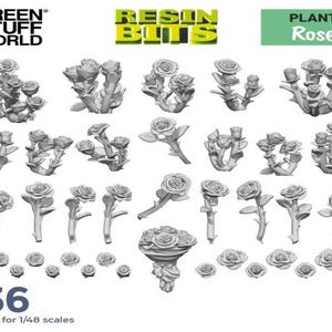 May include: A set of 36 3D printed resin rose flower models, suitable for 1/48 scale models. The roses are in various stages of bloom, from buds to fully open flowers.