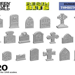 May include: A set of 20 resin dungeon tombstones, suitable for 1/48 scale models. The tombstones feature various designs, including crosses, skulls, and RIP inscriptions.