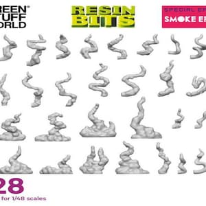 Puede incluir: Un conjunto de 28 piezas de efecto de humo de resina para modelismo. Las piezas son de varias formas y tamaños, y son adecuadas para modelos a escala 1/48.
