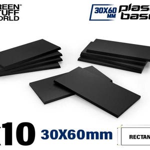 Op de afbeelding: Een pak van 10 zwarte rechthoekige plastic sokkels, elk met een afmeting van 30x60 mm. De sokkels zijn in twee stapels gestapeld, met de tekst "30x60 mm" en "plastic sokkels" zichtbaar op de afbeelding.