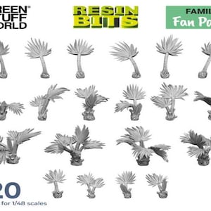 Könnte beinhalten: Ein Set mit 20 grauen Fächerpalmen aus Harz, geeignet für Modelle im Maßstab 1:48. Die Bäume sind in einem Raster auf weißem Hintergrund angeordnet. Der Text "RESIN BLITS FAMILY Fan Palms x20 Suitable for 1/48 scales" ist unter den Bäumen gedruckt.