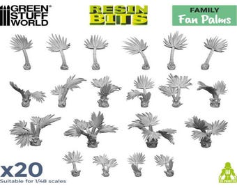 May include: A set of 20 grey resin fan palm trees, suitable for 1/48 scale models. The trees are arranged in a grid pattern on a white background. The text "RESIN BLITS FAMILY Fan Palms x20 Suitable for 1/48 scales" is printed below the trees.
