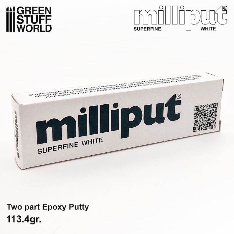 May include: A white tube of Milliput Superfine White two-part epoxy putty. The tube is labeled with the brand name and product information. The tube is 113.4 grams.