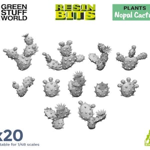 May include: A set of 20 grey resin Nopal Cactus plants, suitable for 1/48 scale models. The plants are 3D printed and come in a variety of shapes and sizes.