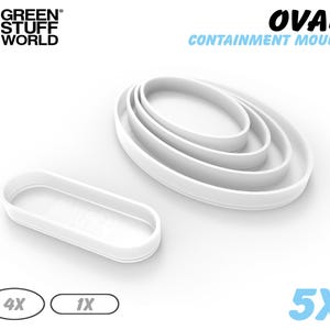 Könnte beinhalten: Weiße ovale Containment-Formen. Das Bild zeigt einen Satz von vier verschachtelten ovalen Formen und eine separate ovale Form. Der Text "OVAL CONTAINMENT MOULD" ist in Schwarz und Hellblau. Der Text "5X" ist hellblau.