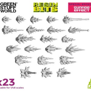 Puede incluir: Un conjunto de 23 efectos de fuego de arma de resina impresos en 3D para modelos a escala 1/48. Los efectos son de varias formas y tamaños, y están diseñados para ser utilizados con figuras y vehículos en miniatura.