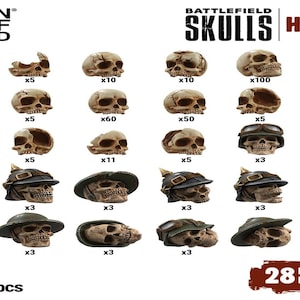 Könnte beinhalten: Eine Sammlung von 3D-gedruckten menschlichen Schädeln, einige mit Helmen und Zubehör. Das Bild enthält den Text "Battlefield Skulls Humans" und "+1000 pcs". Es gibt 28 verschiedene Modelle.