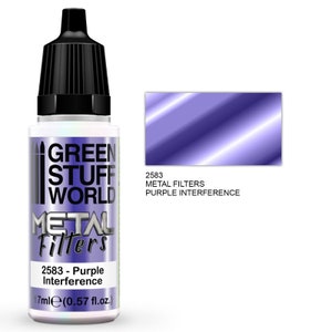 May include: A 17 ml bottle of Green Stuff World Metal Filters Purple Interference paint. The bottle is clear and shows the purple iridescent paint inside. The label is white with black text and a green and white logo. The text on the label reads "Green Stuff World Metal Filters 2583 - Purple Interference 17 ml (0.57 fl.oz.)".