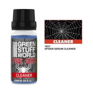 May include: A small, clear bottle with a black cap and a blue liquid inside. The bottle has a spider web design and the text "Green Stuff World Spider Serum Cleaner 10ml (0.33 fl.oz.)" on the label.