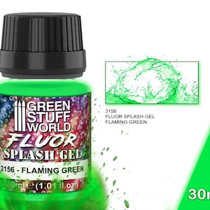 May include: A 30 ml bottle of Green Stuff World Fluor Splash Gel in Flaming Green. The bottle is clear and shows the bright green gel inside. The label has the Green Stuff World logo and the product name.