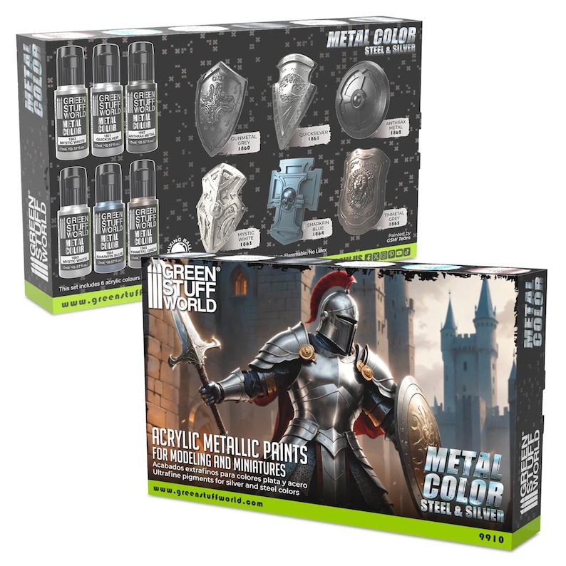 Set 6x Metal Paints SILVER - Brush and Airbrush Acrylic Metallic Paints Compatible with Wargames Wargaming Miniature Painting image 3