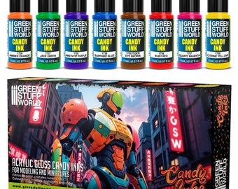 Set 8x Candy Inks - Brush Airbrush Glossy Acrylic Paints Transparent paints compatible with Wargame, Slot cars, Miniatures Painting