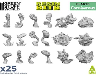 May include: A set of 25 3D printed resin carnivorous plant miniatures, suitable for 1/48 scale models. The plants are in various poses, with some having open mouths and others having closed mouths.