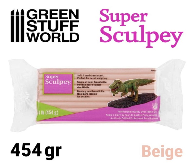 May include: A 1 pound (454 gram) package of beige Super Sculpey oven-bake clay. The package shows a dinosaur sculpture made with the clay. The text on the package reads "Super Sculpey" and "Professional Quality Oven-Bake Clay".