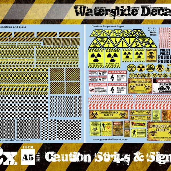 Waterslide Decals - Caution Strips and Signs Water slide decals compatible with wargames, dioramas, and Warhammer miniatures 40K