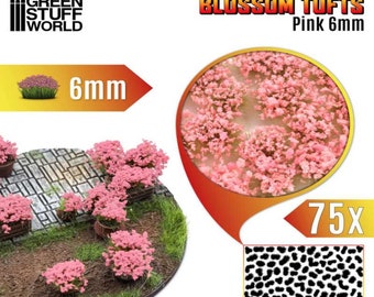 May include: Pink 6mm blossom tufts for model railroading or miniature landscaping. 75 tufts in a pack. Green Stuff World brand.