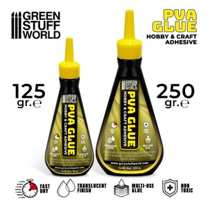 K&ouml;nnte beinhalten: Zwei schwarze und gelbe PVA-Klebstoffflaschen mit dem Text "PVA GLUE HOBBY & CRAFT ADHESIVE". Die Flaschen sind mit "125 g" und "250 g" beschriftet und verf&uuml;gen &uuml;ber Symbole f&uuml;r schnelles Trocknen, transparente Oberfl&auml;che, Mehrzweckkleber und ungiftig.