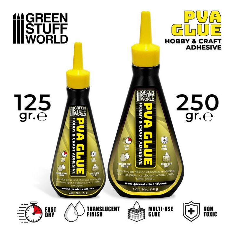 K&ouml;nnte beinhalten: Zwei schwarze und gelbe PVA-Klebstoffflaschen mit dem Text "PVA GLUE HOBBY & CRAFT ADHESIVE". Die Flaschen sind mit "125 g" und "250 g" beschriftet und verf&uuml;gen &uuml;ber Symbole f&uuml;r schnelles Trocknen, transparente Oberfl&auml;che, Mehrzweckkleber und ungiftig.
