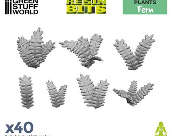 May include: A set of 40 gray plastic fern plants, suitable for 1/48 scale models. The plants are arranged in different sizes and shapes, with some having multiple fronds and others having single fronds. The text "GREEN STUFF WORLD RESIN BITS PLANTS Fern x40 Suitable for 1/48 scales 3D PRINTED" is visible in the image.