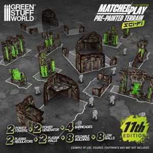 Può includere: Un set di elementi scenici sci-fi pre-dipinti che include 2 torri energetiche, 2 generatori, 4 barricate, 2 regolatori di plasma, 2 muri di plasma, 8 edifici pieghevoli e 8 muretti, con strutture marroni usurate e dettagli verde brillante.