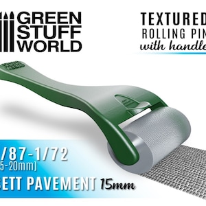 May include: Green rolling pin with a handle for creating textured pavement in 1/87 and 1/72 scale model railways. The pin has a 15mm wide roller and is designed to create realistic sett pavement.