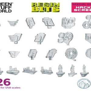 Puede incluir: Un conjunto de 26 pantallas de hacker de plástico transparente para modelos a escala 1/48. Las pantallas están diseñadas para parecerse a pantallas de computadora con varios símbolos y texto. El conjunto incluye una variedad de formas y tamaños. El texto en la imagen dice "RESIN BITS SPECIAL EFFECTS HACKER SCREENS x26 Suitable for 1/48 scales".