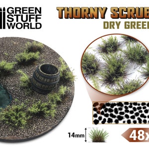 Thorny SCRUBS - Spiky Bushes - Tufts - Dry GREEN - Scenery Miniature diorama Basing Landscape self-adhesive