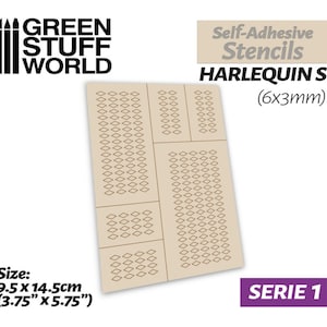 May include: A sheet of self-adhesive stencils for crafting. The stencils are designed with a harlequin pattern of small diamonds. The sheet is 9.5 cm by 14.5 cm and the pattern is 6 mm by 3 mm. The sheet is labelled "HARLEQUIN S" and "SERIE 1".