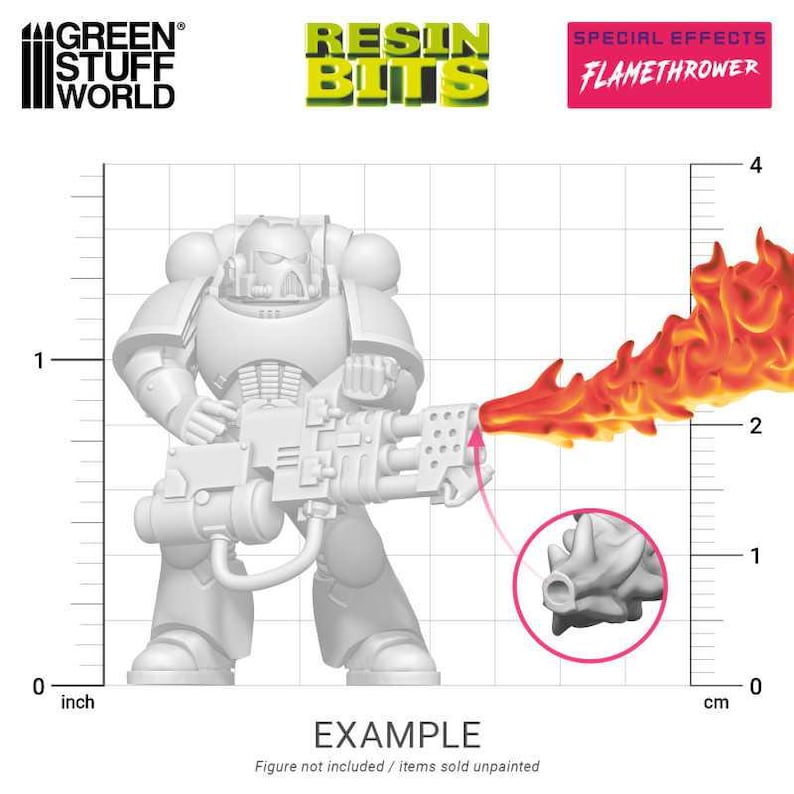 Peut inclure: Une miniature en plastique blanc d'un Space Marine tenant un lance-flammes avec un effet de flamme orange vif. Le lance-flammes mesure 10 cm de long. La miniature fait partie d'un ensemble de bits en r&eacute;sine pour effets sp&eacute;ciaux.