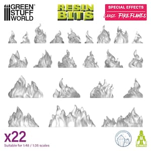 May include: A set of 22 transparent resin fire flames for model making. The product is labelled "Resin Bits" and "Special Effects Large Fire Flames". Suitable for 1:48 and 1:35 scale models. The flames are 3D printed.