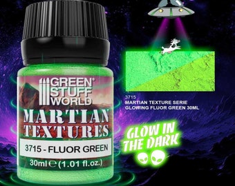 May include: A 30ml bottle of glowing green Martian Textures paint. The bottle has a black cap and a label that says "Green Stuff World" and "Martian Textures 3715 - Fluor Green". The label also says "Glow in the Dark".